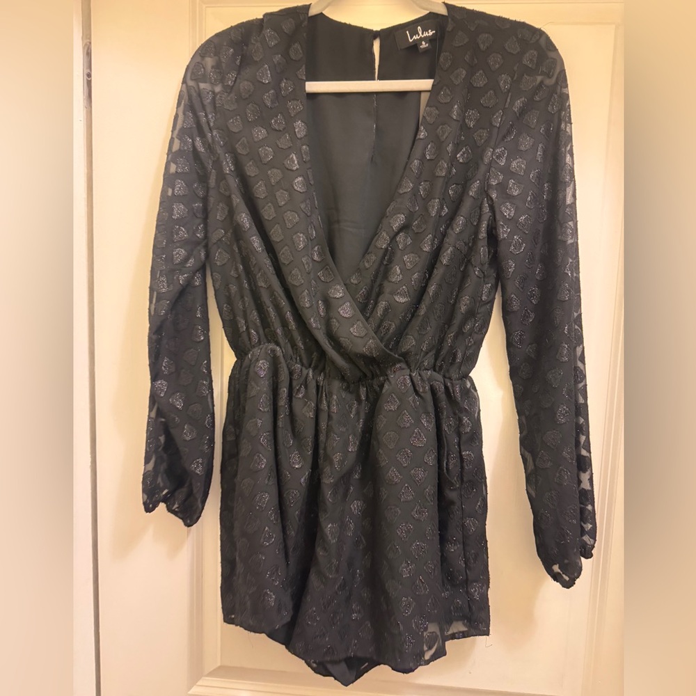 Lulu’s Womens Small Marci Black Romper Embroidered Long Sleeve Shimmer - Picture 3 of 7